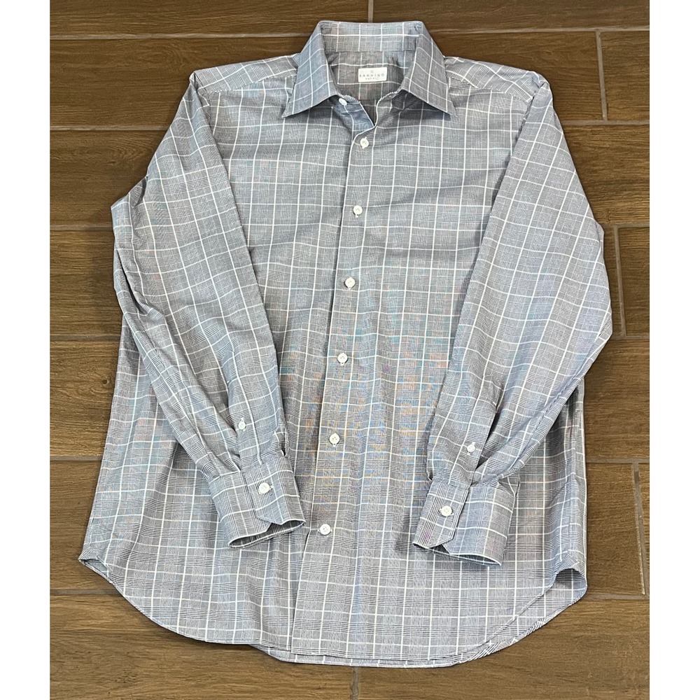 Sannino Napoli Mens Blue Glen Plaid Cotton Button Down Dress Shirt Size 17.5